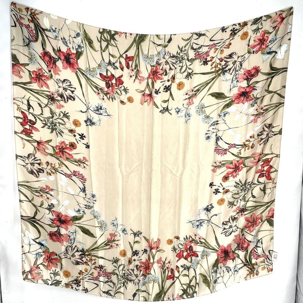 DANA BUCHMAN Designer Scarf Floral Polyester Taupe Red Green Blue 42" Square